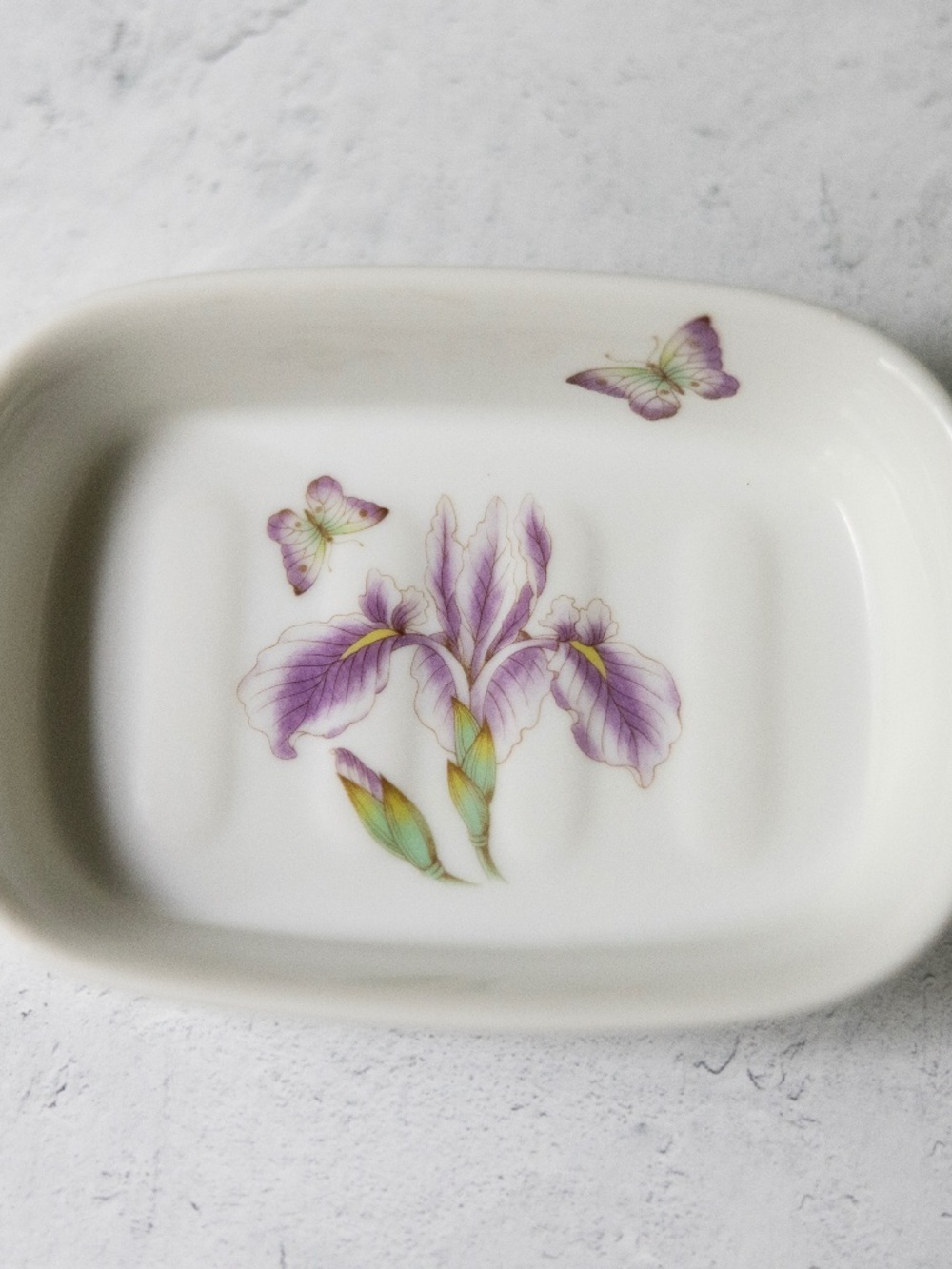 Vintage Takahashi Medley Japanese purple iris butterfly ceramic soap dish